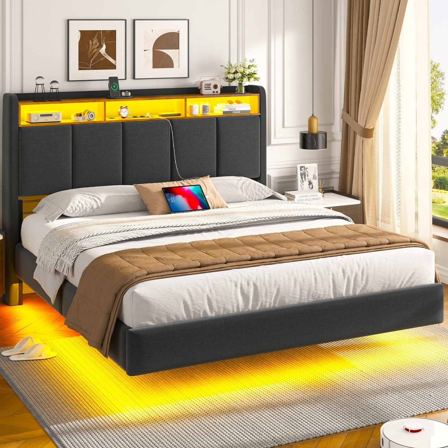 Brinlawb Upholstered Bed 140 x 200 cm Floating Bed with LED Lighting, Headboard and Charging Station (2 AC Sockets, 2 USB Ports), Bed 140 x 200 cm with Storage Space, Modern Double Bed with Slatted