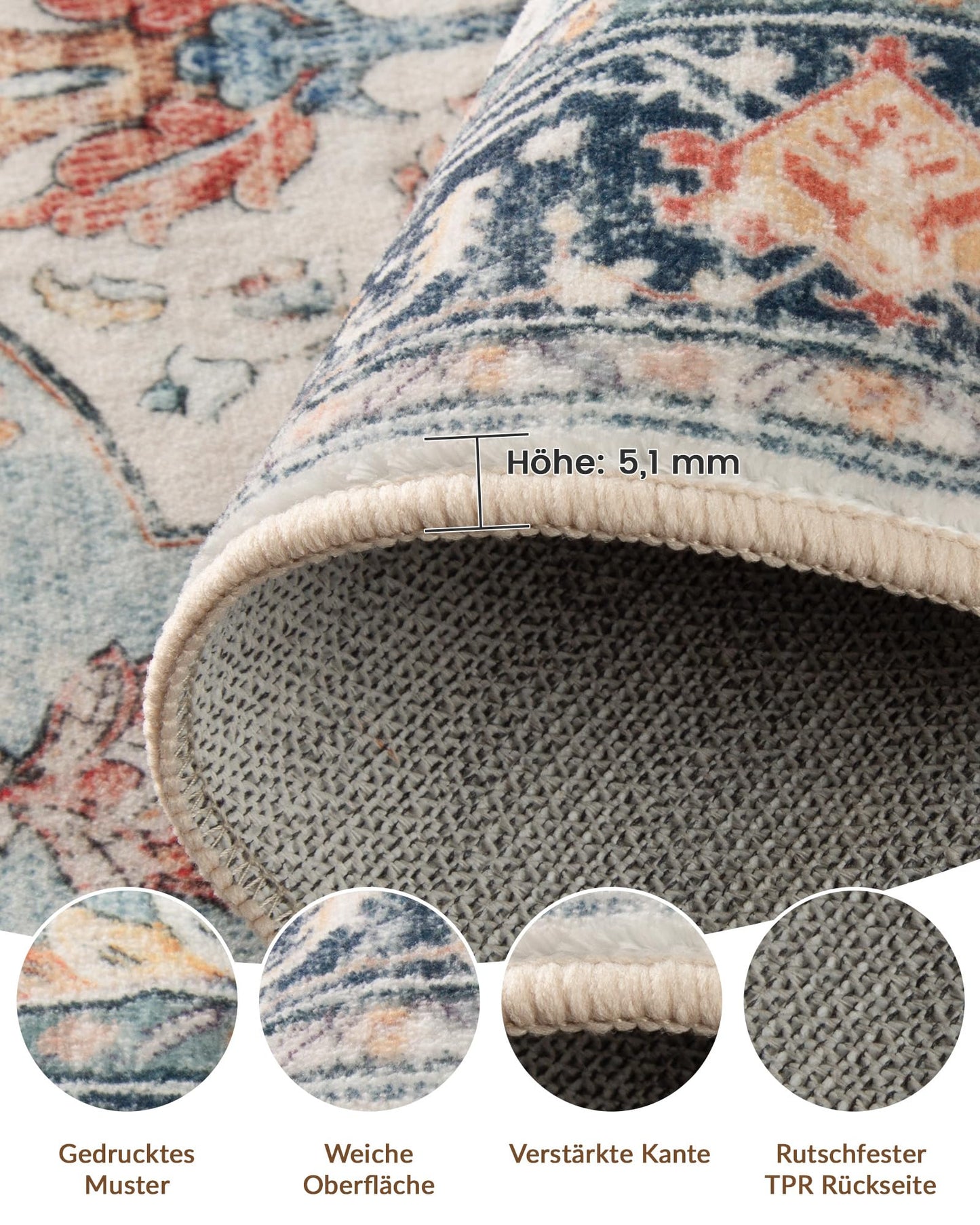 INOVADAY Vintage Waschbarer Teppich Wohnzimmer 90x150 cm Boho Kurzflor rutschfest Teppich Weich Teppiche mit Druckmuster für Schlafzimmer, Esszimmer, Büro Beige/Blau/Orange