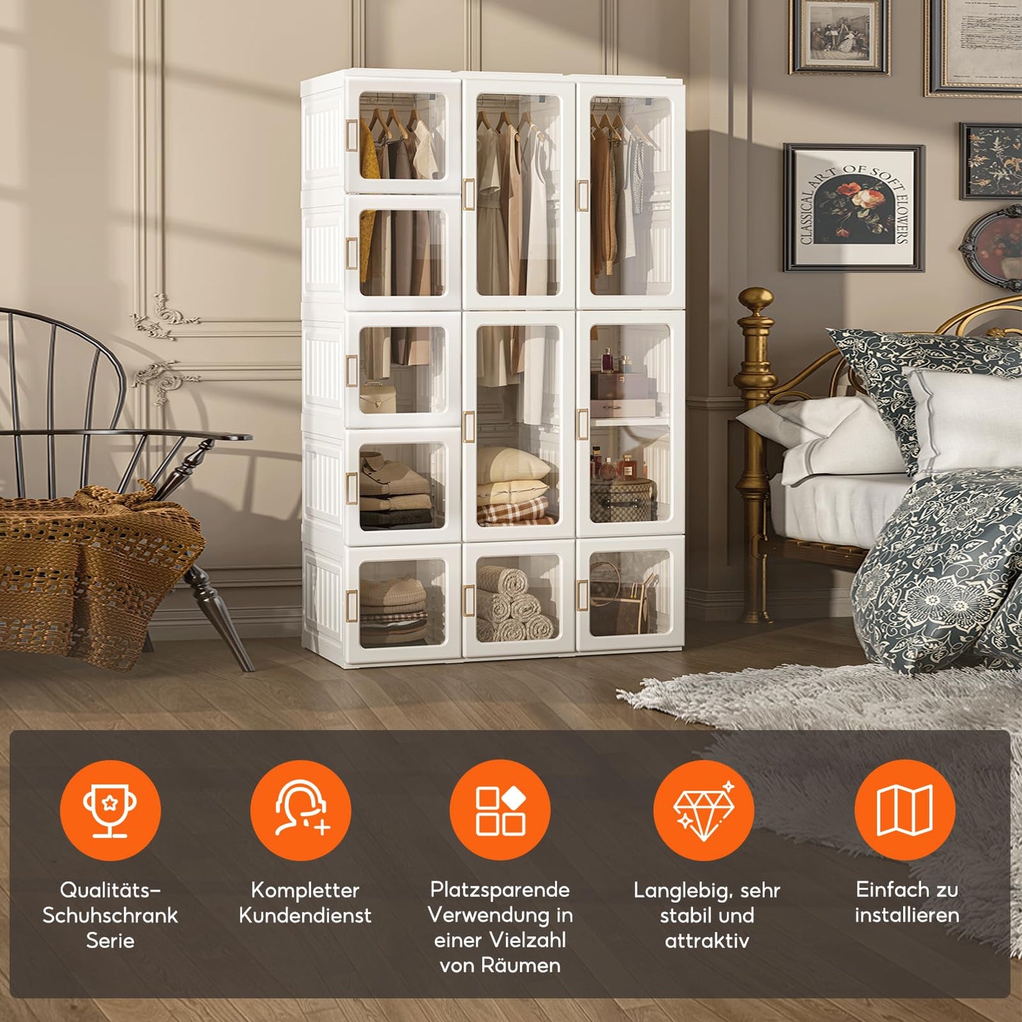 MAYIBOX Foldable Wardrobe, 104 x 170 x 50 cm, Quick Assembly, Versatile Wardrobe with Clothes Rail and Magnetic Doors, Perfect for Bedroom and Living Room, Brown Transparent Door Plate