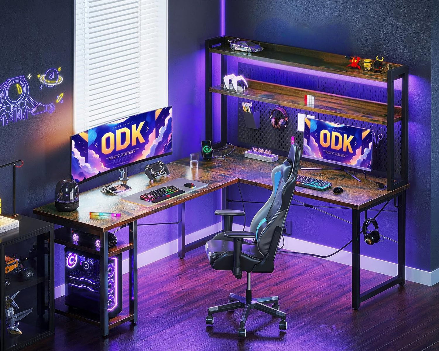 ODK Eckschreibtisch Weiß mit Stall, 150×120 cm Reversibel Gaming Tish L Form mit LED, Computertisch mit USB-Ladeanschluss&Steckdose, Gaming Schreibtisch für das Heimbüro