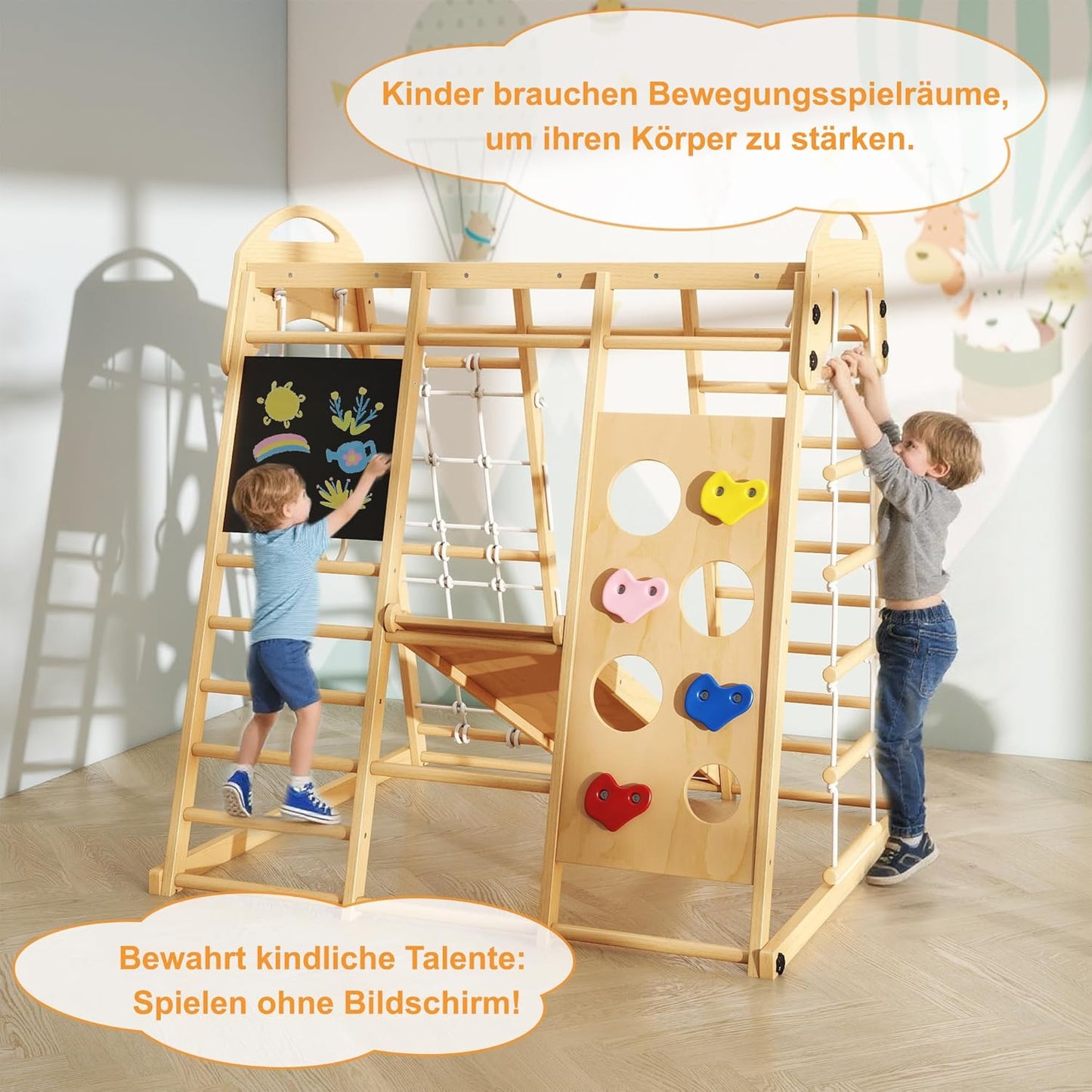 Freelawn Klettergerüst Indoor Montessori 9-in-1 Holz Spielplatz - Kletternetz, Rutsche, Sprossenwand für Kinder 1-6 Jahre (Natur)