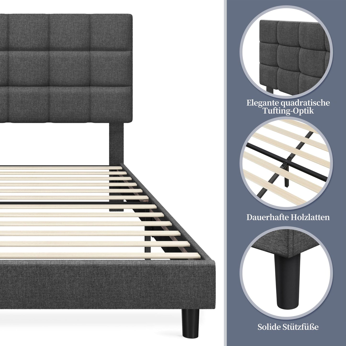 Yaheetech Upholstered Bed 140 x 200 cm Double Bed with Height-Adjustable Headboard, Sturdy Bed Frame, Fabric Bed with Slatted Frame, Padded Bed Frame, Youth Bed, Dark Grey