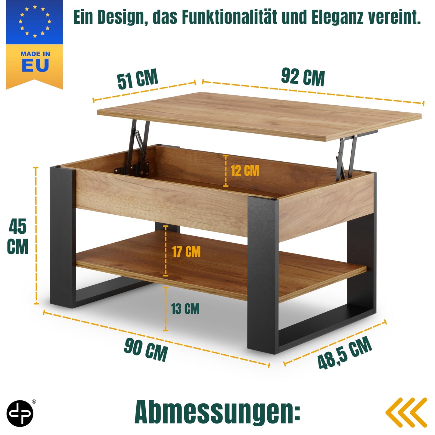 Coffee Table Height Adjustable with Storage Space Living Room Table Foldable Height-Adjustable Coffee Table Extendable Living Room Table Oak (White + Oak)