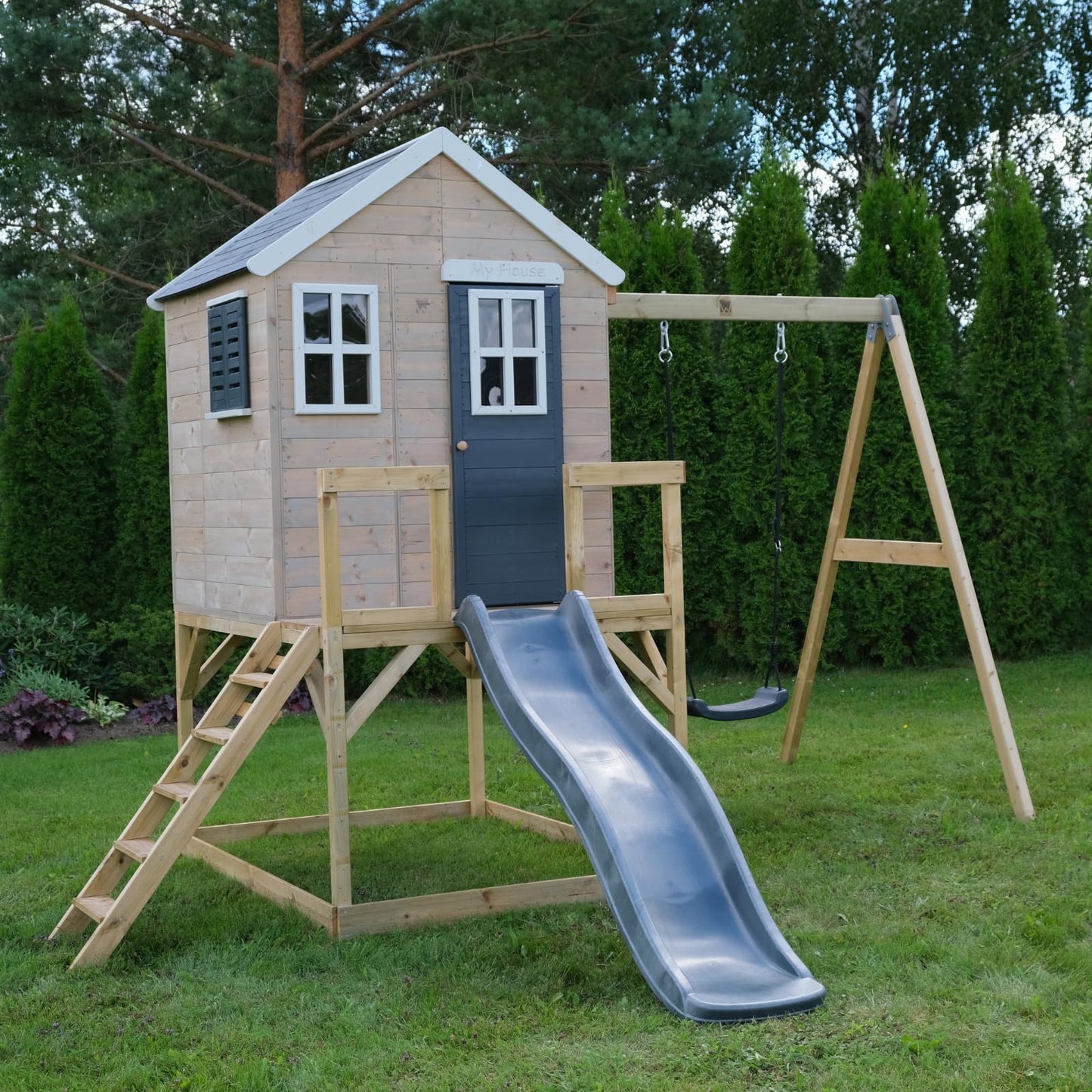 Wendi Toys M24G Children's Outdoor Stilt House with Slide and Swing, 330 x 350 x 242 cm, Grey, FSC Wood, Playhouse Children Outdoor with Swing & Plastic Slide for Garden, Playground for Garden