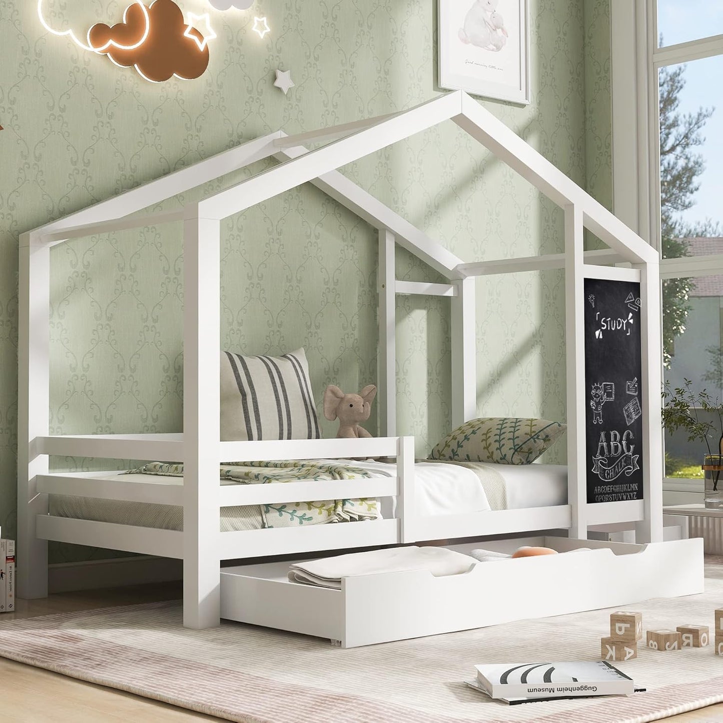 Merax Children's Bed 90 x 200 cm with Fall Protection, Children's House Bed with Drawers and Storage Shelf, Sturdy Wooden Tree House Bed with Slatted Frame, Play Bed for Boys and Girls, White