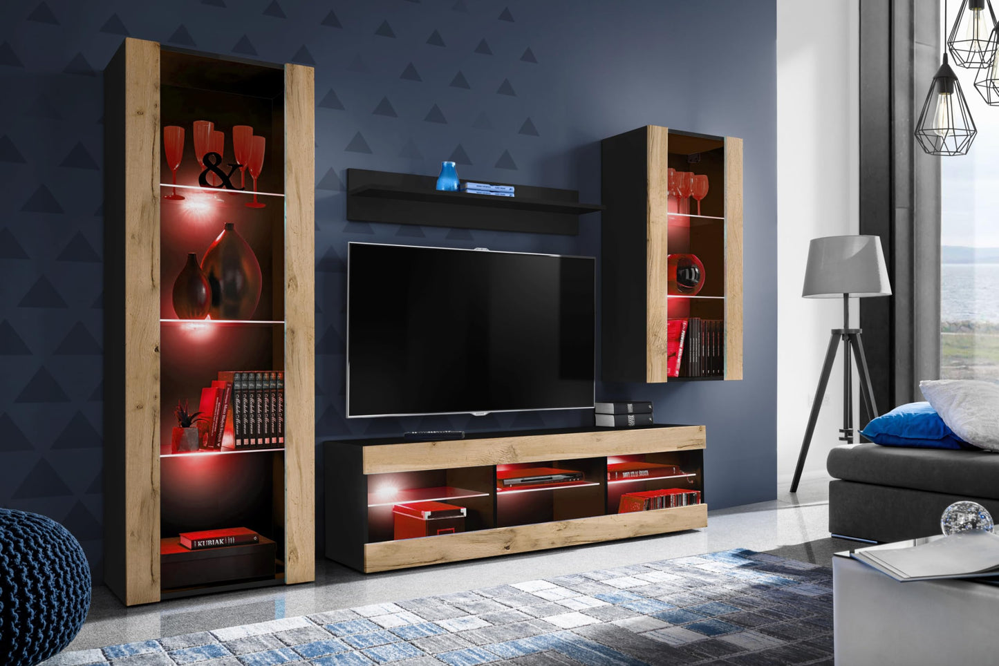 Komodee Tivoli Medio Wall Unit Living Room Set, Black/Black, Width 245 cm x Height 159 cm x Depth 35 cm, LED Blue, for Living Room, Bedroom