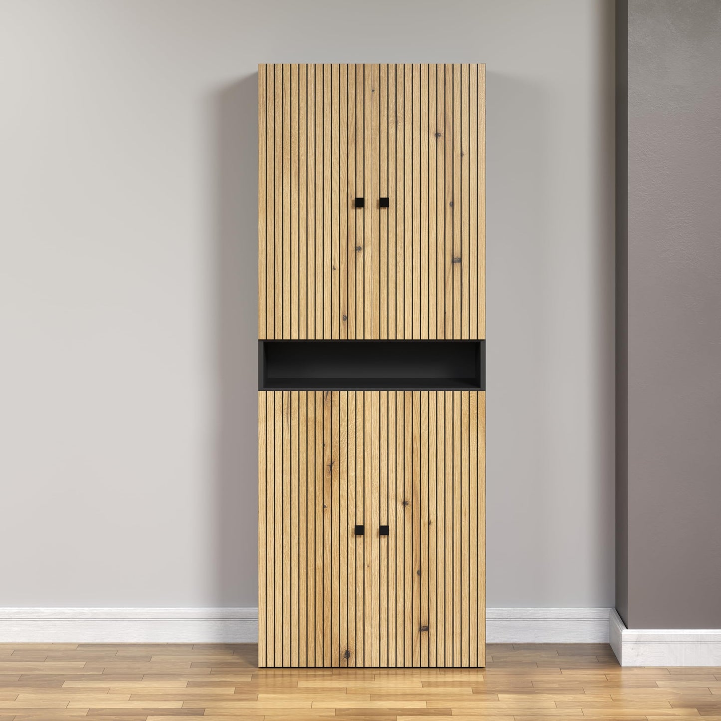 trendteam smart living - PureBliss - Hochschrank - Eiche - Badezimmerschrank in moderner Rillenoptik - edle Metallgriffe - (BxHxT) 40 x 186 x 31 cm - 2 praktische Einlegeböden - kratzfest