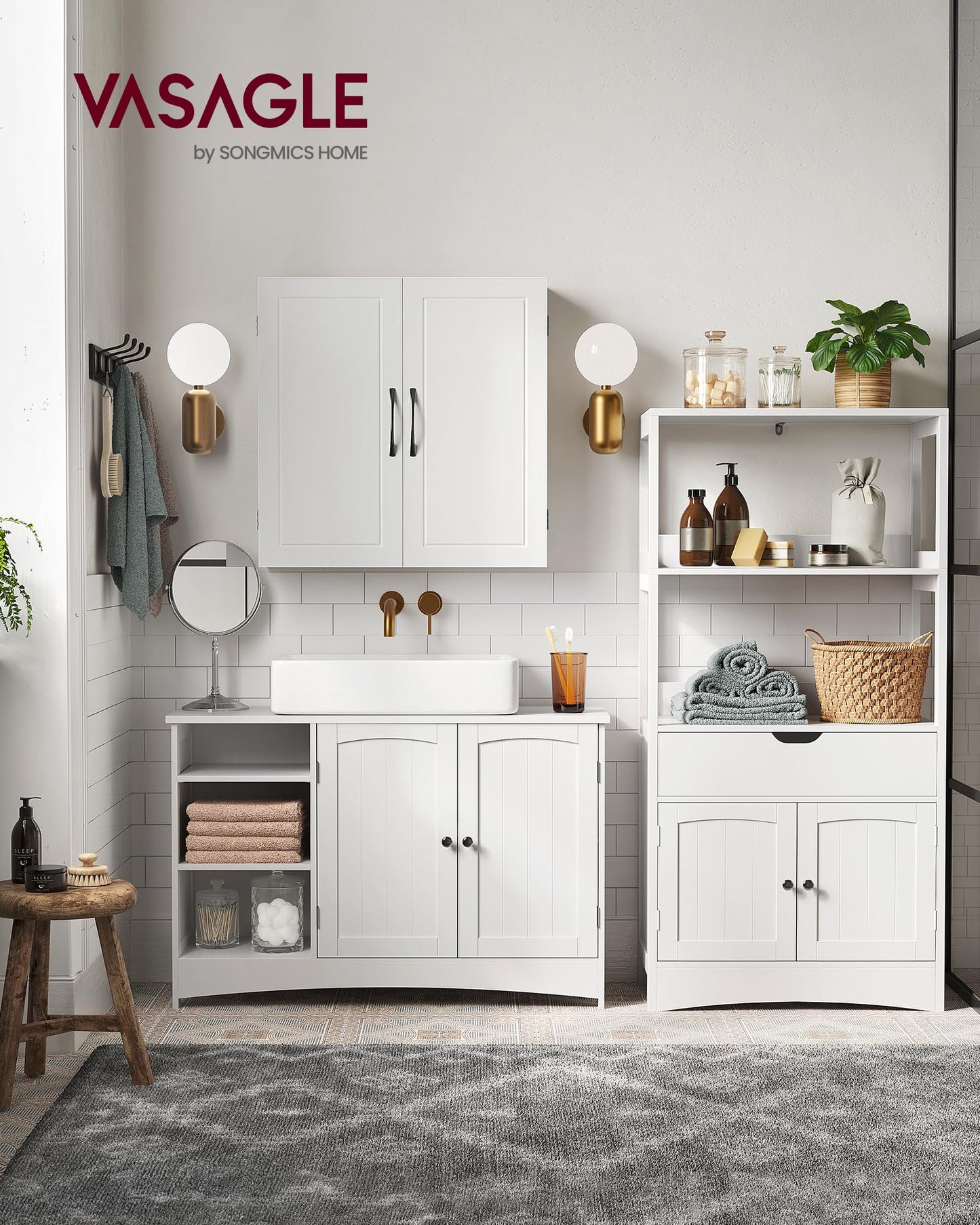 VASAGLE BBC410P31 Vanity Unit Extra Long 30 x 90 x 60 cm 2 Doors Bathroom Cabinet Open Compartments Height Adjustable Shelves White