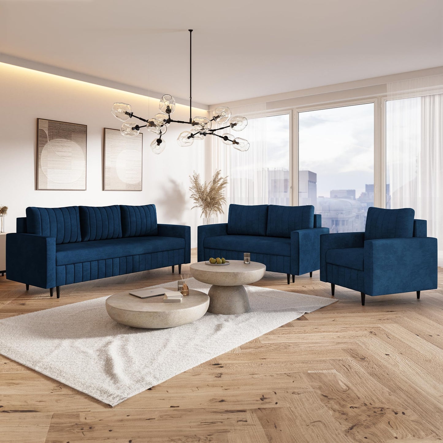 MOTIVENA Leo Sofa Set, Sofa Set 3 2 1 Living Room, Sofa 3 2 1 Set, Couch Set, Futon Set, Living Room Couch Set, Couch 3 2 1 Set, Bonell Spring Core (H4), Velvet, Grey Light Grey