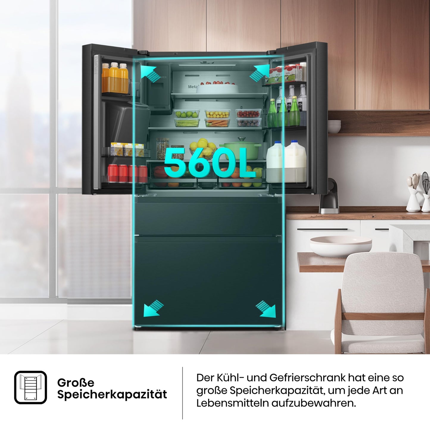 Hisense RF632N4WIE French Door Kühl-Gefrierkombination/ NoFrostPlus/ Inverter-Kompressor/ Wasserspender/ CrispZone/ 200 cm/ Kühlteil 336 l/ Gefrierteil 149 l/ 38 dB/ 295 kWh/ Jahr/ Inox-Look