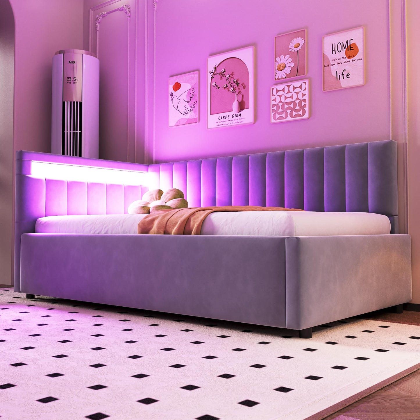 KEYIDE Upholstered Sofa Bed, 140 x 200 cm with LED Lighting and USB Charging, Bed Frame with Wooden Slatted Frame, Day Bed, Guest Bed, Youth Bed, Velvet Fabric, Without Mattress (Grey, 140 x 200)