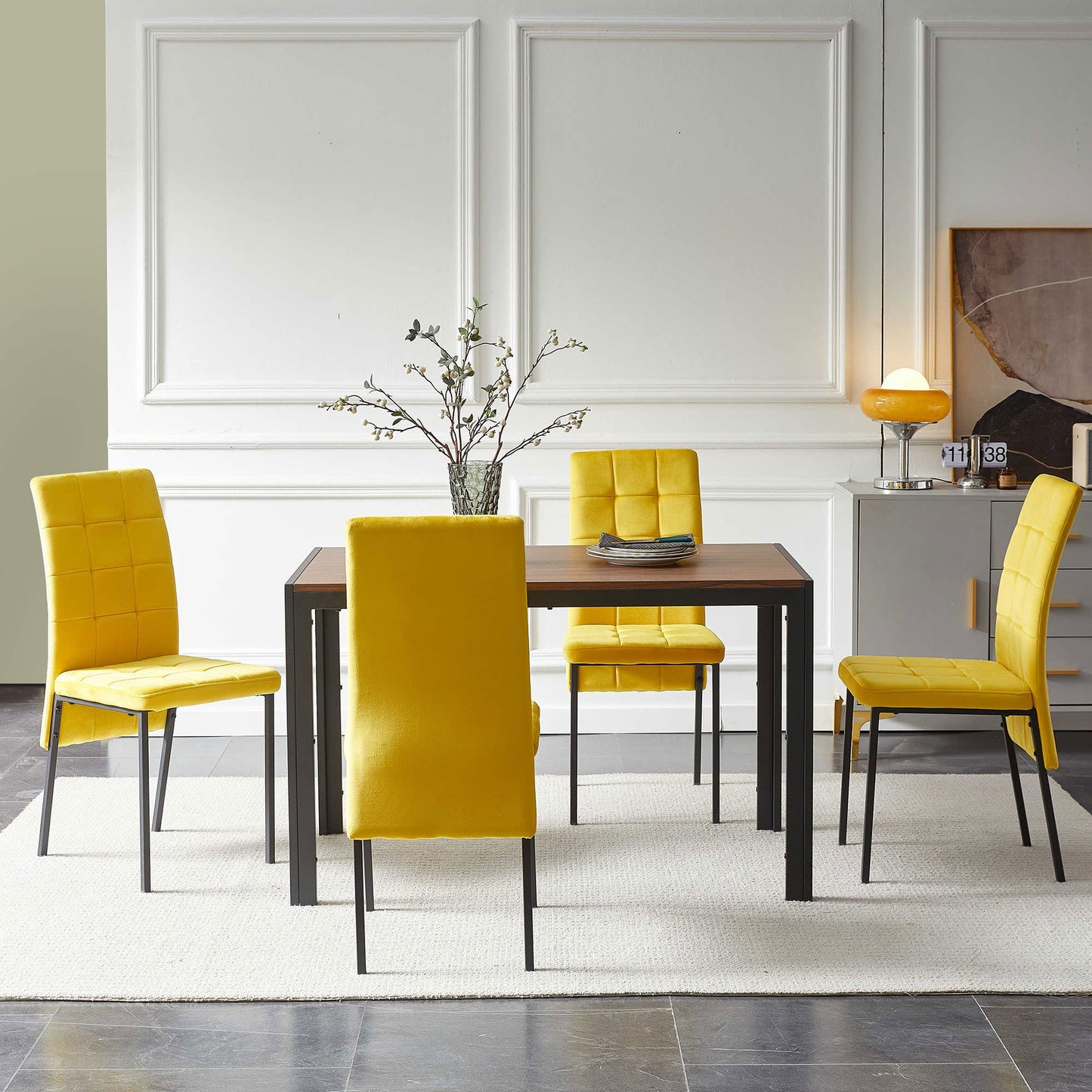 NORDICANA Dining Table with 4 Chairs Set, Dining Room Chairs Set of 4 and Rectangular Dining Table, Velvet Cover, Upholstered Chair, MDF Panels, Wooden Table, Suitable for Kitchen, Office, Balcony