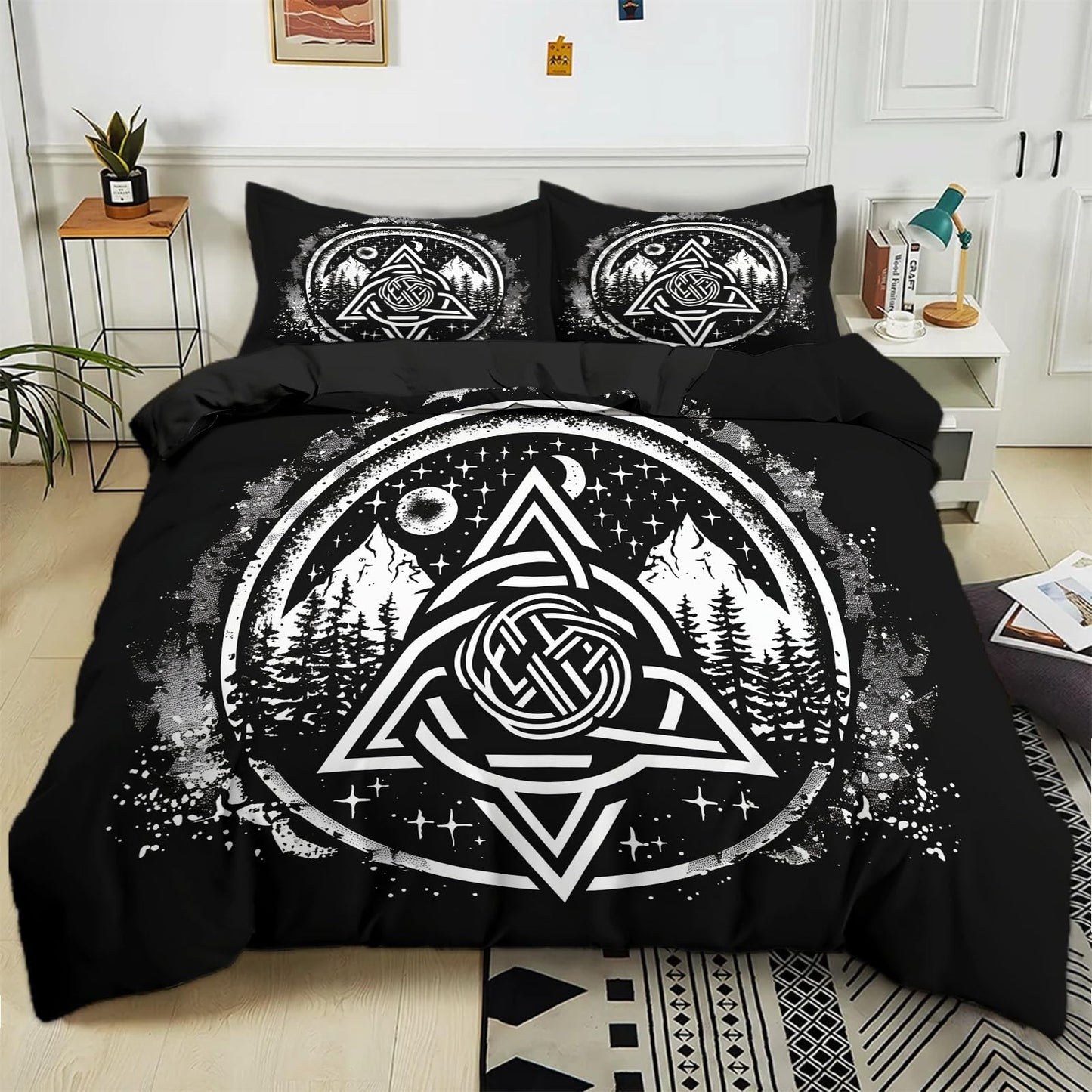 Bed Linen 135 x 200 cm Halloween Moon Black Cat Grey 3D Printed Duvet Cover Easy Care 3-Piece Bedding Set Polyester Cotton with Zip and 2 Pillowcases