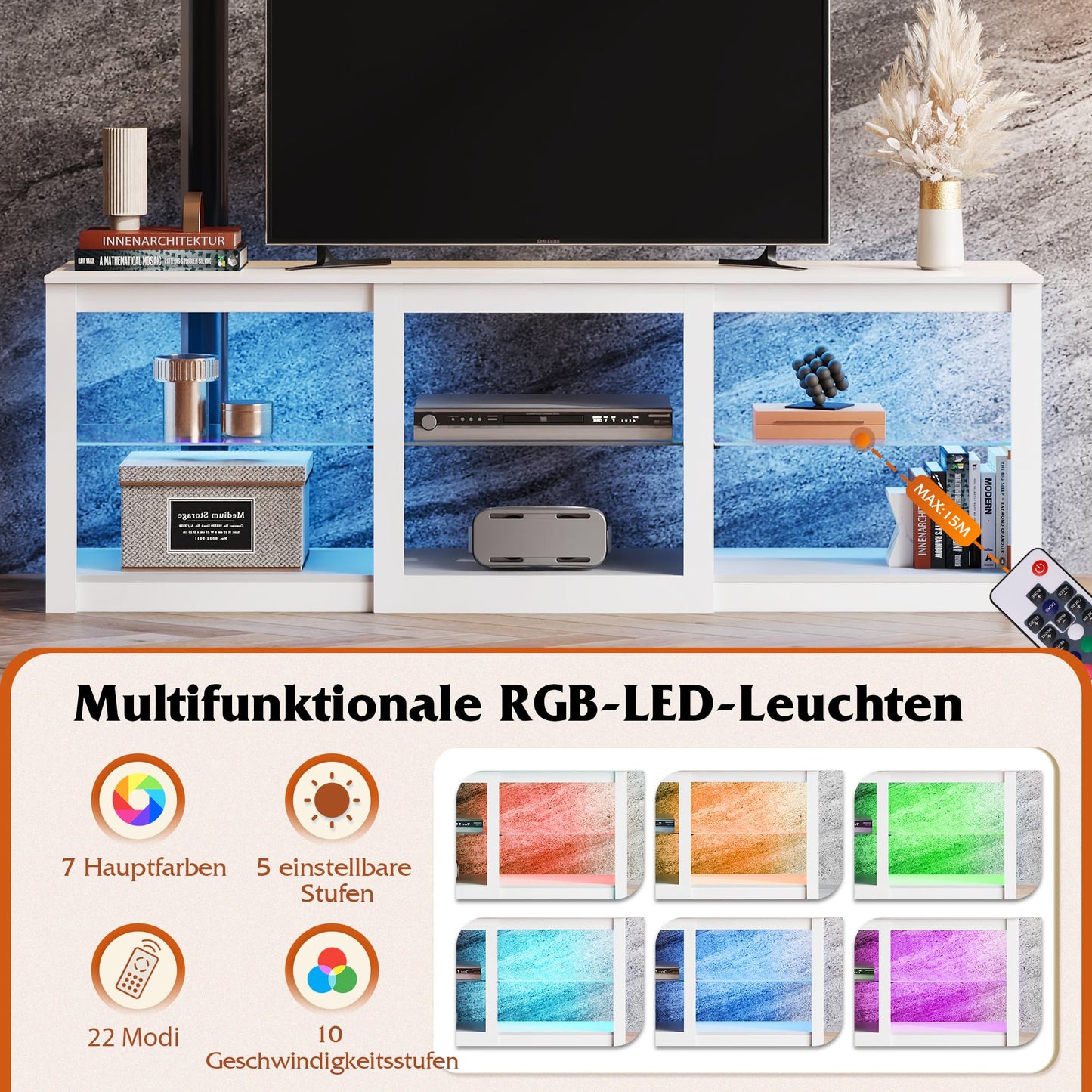 WLIVE LED TV Cabinet, 166 x 39 x 56 cm, Lowboard for TVs up to 75 Inches, TV Stand with Adjustable Glass Shelf for Living Room, Bedroom (Black)