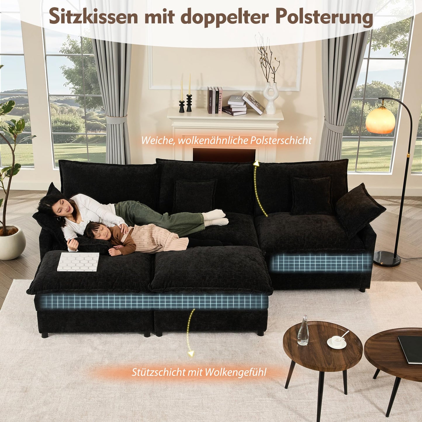 Litbird U-förmiges modulares Sofa 3-Sitzer Ecksofa mit Hocker, tiefes Sitzdesign, Cloud Couch für Wohnzimmer(Hellbraun)