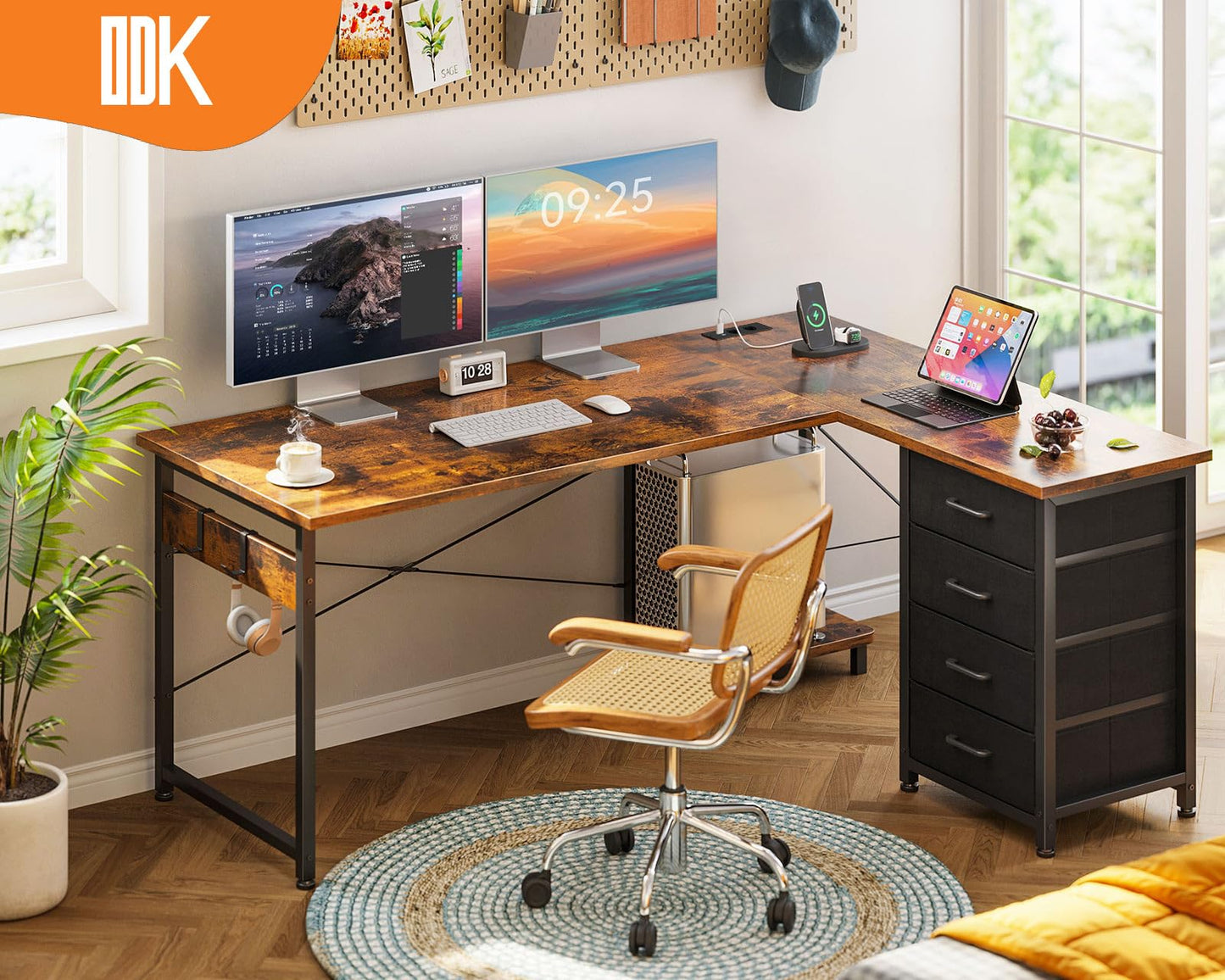ODK Corner Desk with 4 Drawers, 135 x 100 cm, L Shape Desk with Socket and USB Charging Port, Reversible Desk with Storage Space for Home Office and Gaming, Black