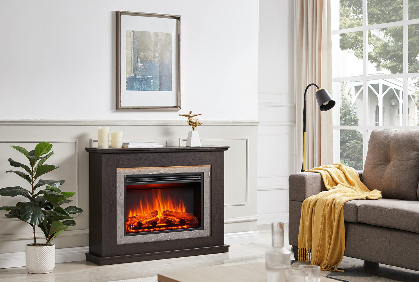 BALDERIA Alexios Electric Fireplace with Heater, 1000/2000 W, Realistic 3D Flame Effect, LED Lighting, Programmable Remote Control, Timer, Thermostat, Light Brown