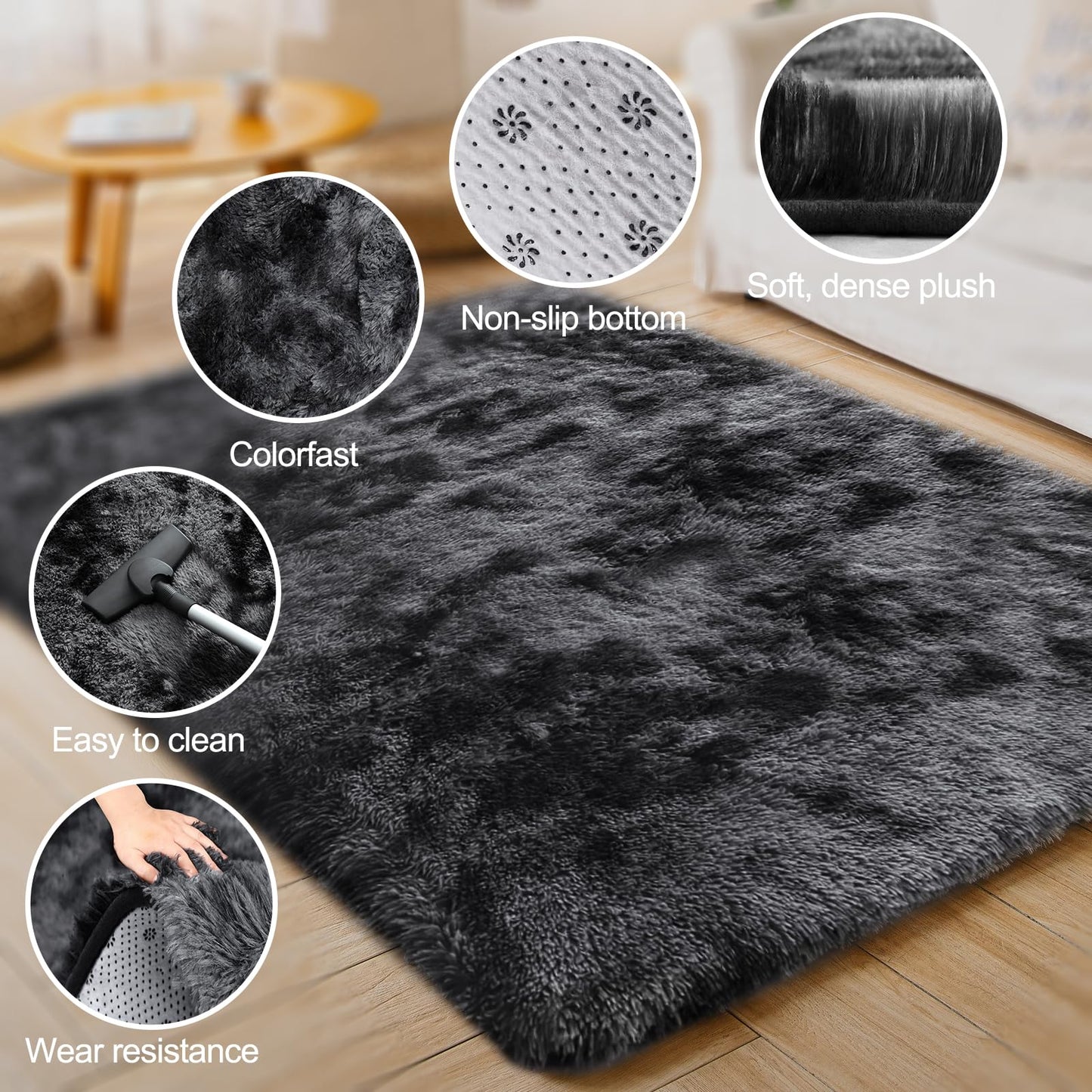 ZRSDIXKI Living Room Rugs 160 x 230 cm, Extra Large Shaggy Soft Rug, Fluffy Area Carpet, Modern Tie-dye Carpet, Washable Rugs for Home Decor, Bedroom, Dorm, Kids Room Lounge Office, Dark Grey