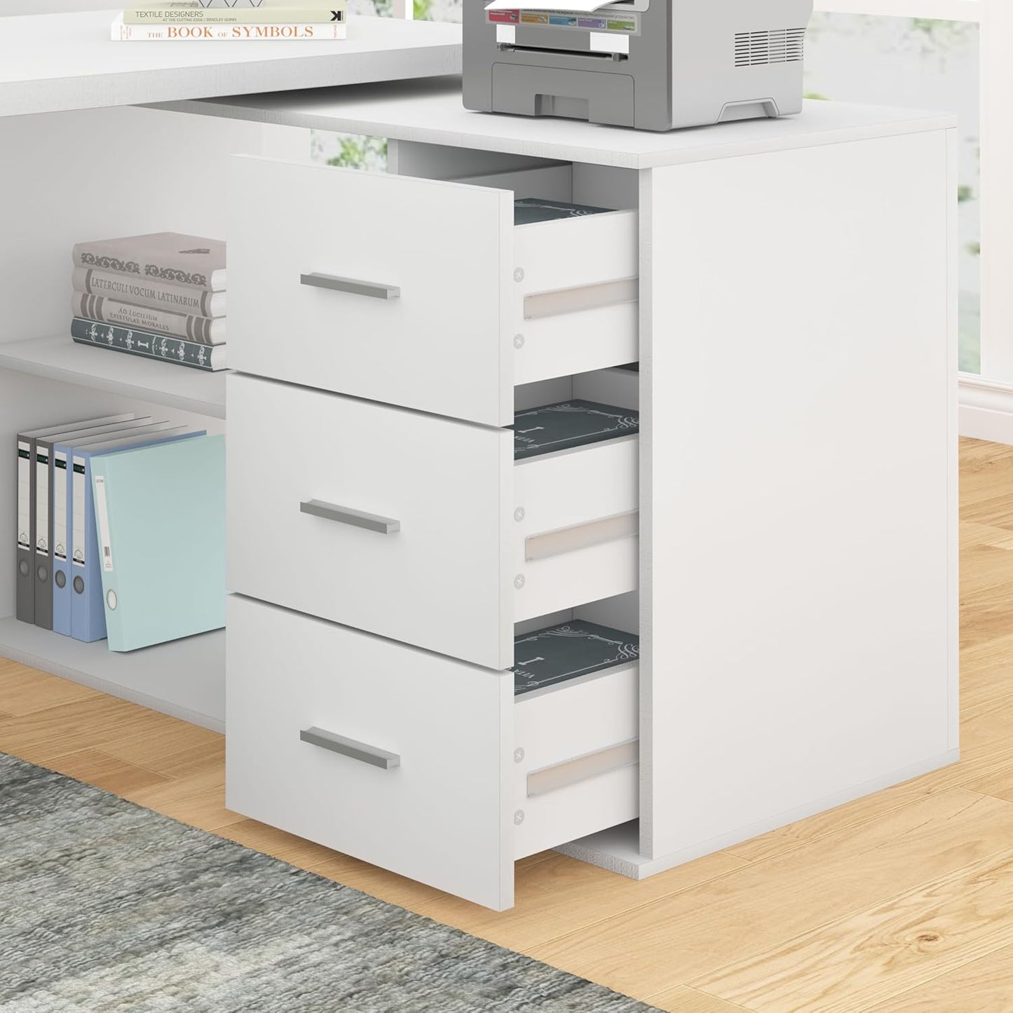 Mudmasa Schreibtisch Weiß Umkehrbarer Eckschreibtisch Computertisch Schreibtisch L Form mit Stauraum Bürotisch Eckschreibtisch mit 3 Schubladen und 2 Regalen für Büro Homeoffice 140x50x76 cm