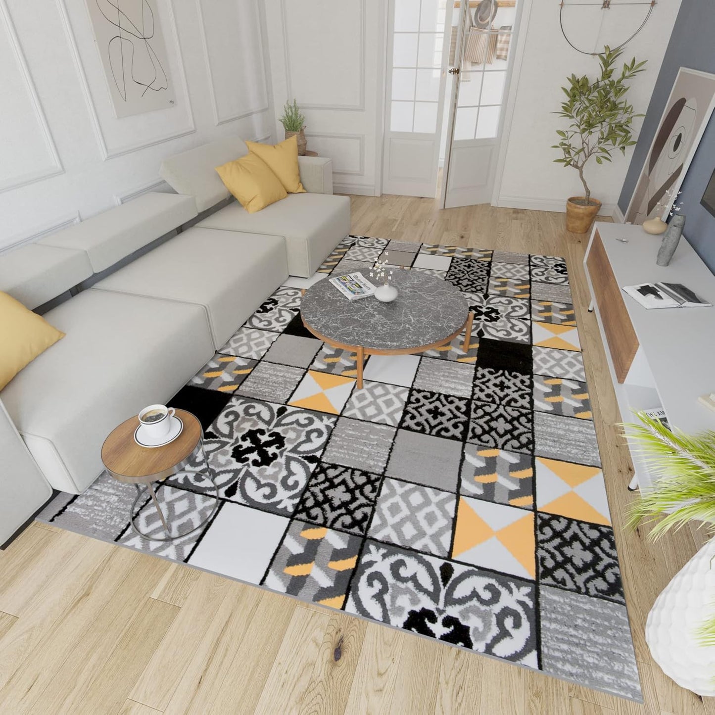 Mazovia Modern Rug, Short Pile, Oeko-Tex Rug for Living Room, Bedroom, Dining Room, Robust and Easy to Clean, Low Pile Height, Grey Yellow, 250 x 350 cm