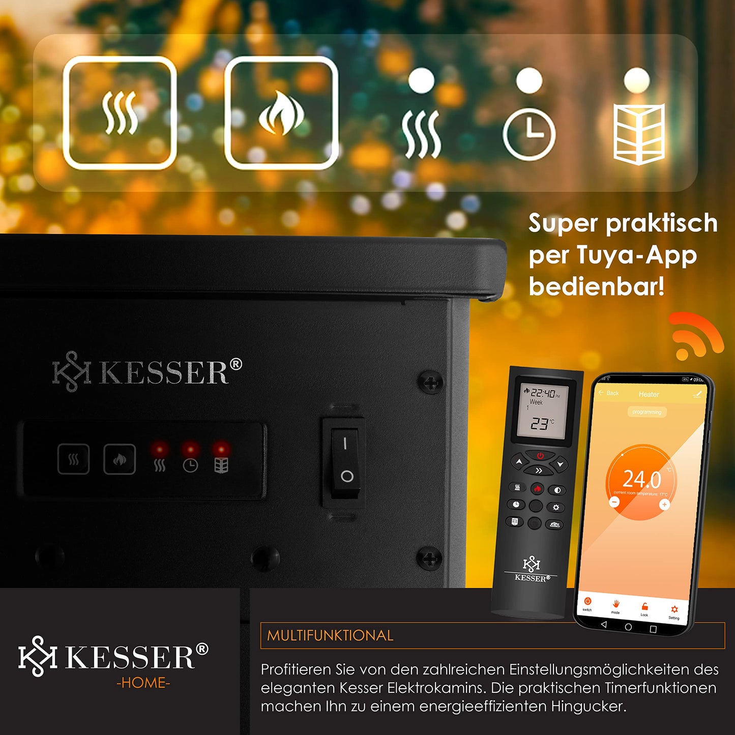 KESSER® Prio Electric Fireplace with Heater Fan Heater Remote Control 950/1900 W Fireplace Electric LED Flame Effect Fireplace Electric Fireplace with Thermostat 3-Piece Panoramic Viewing Window Heating Function Timer