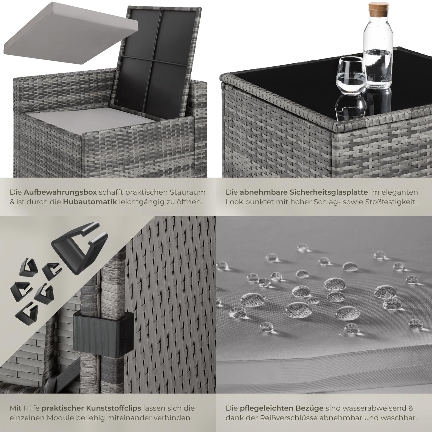 tectake Polyrattan Gartenlounge, frei zu gruppierende Balkon Möbel, Gartenmöbel Set mit einem Beistelltisch Outdoor, inkl. Auflagenbox und Sitz- und Rückenkissen - grau