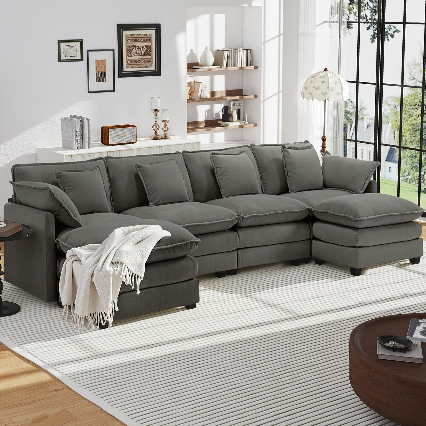 Urhanherry U-Shape Cloud Sofa, Modular Sectional Sofa, 6-Seater with 2 Ottomans, Modern Sofa with Decorative Cushions/Armrests, Breathable Chenille Fabric, U Sofa Couch for Living Room, Beige