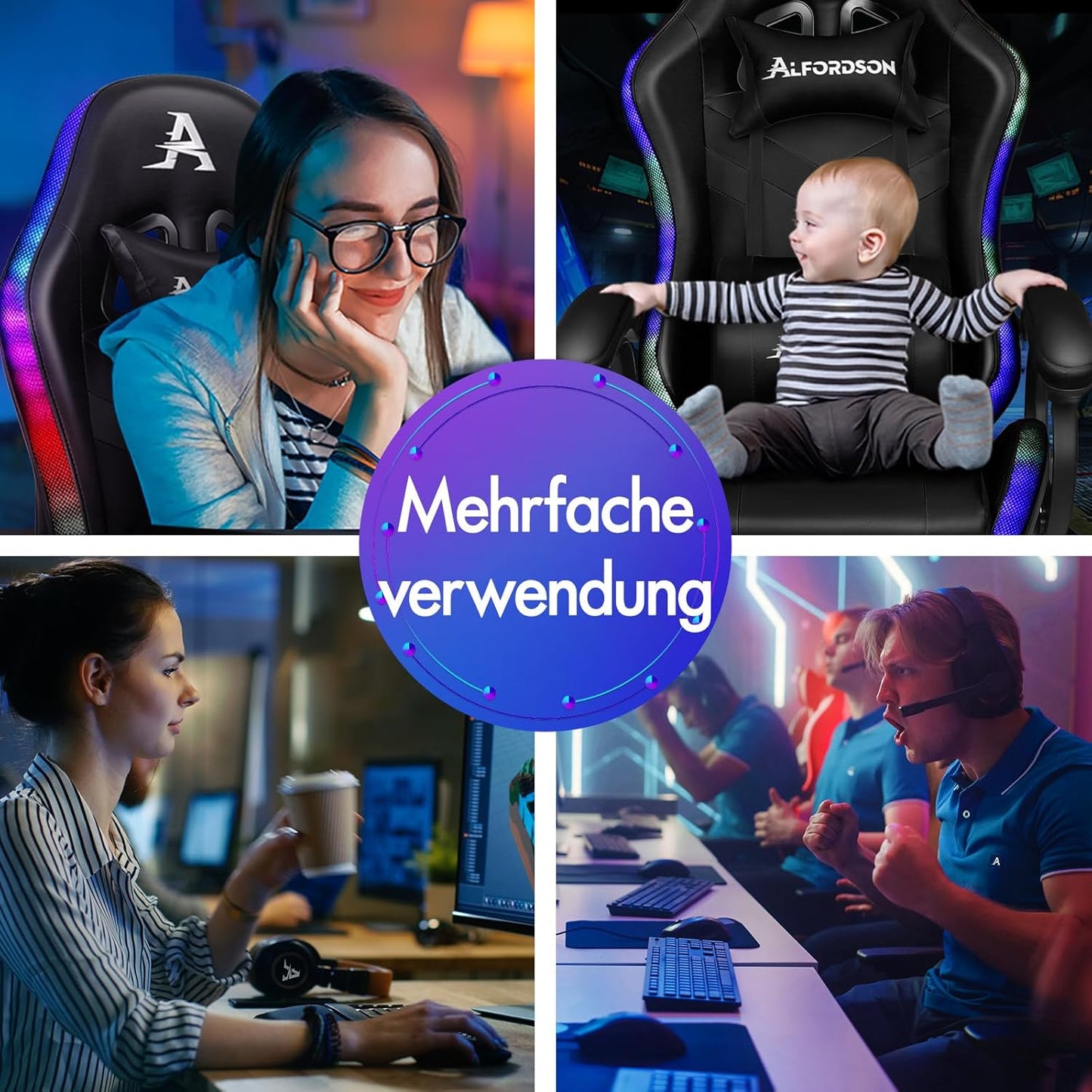 ALFORDSON Racing Gaming Stuhl, Massage Gamer Stuhl mit 12 LED Farben RGB Beleuchtung, Ergonomischer Sessel mit Lordosenstütze, Liegestuhl mit Fußstütze, PU Leder, Schwarz