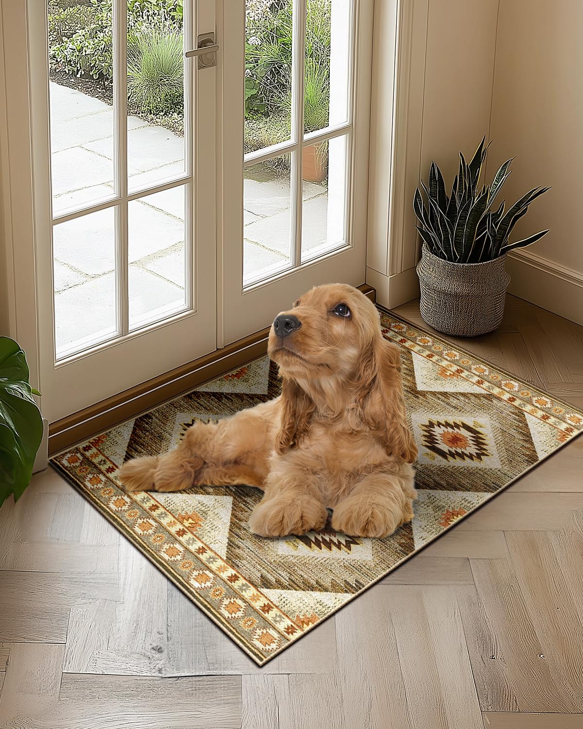 DEFYNEE Teppich Wohnzimmer 120 x 180 cm – Waschbarer Kurzflor Teppich, rutschfest, Vintage & Boho Stil, Pflegeleicht – Für Flur, Wohnzimmer, Schlafzimmer & Esszimmer, Dunkelblau