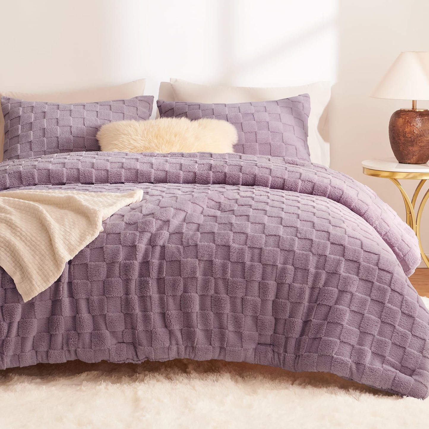 CozyLux Queen Size Comforter Set Blush Pink, Fluffy Plush Fleece Comforter with Checkered Pattern, Farmhouse Boho Soft Warm Bed Set, 3 Pieces, 1 Comforter and 2 Pillowcases