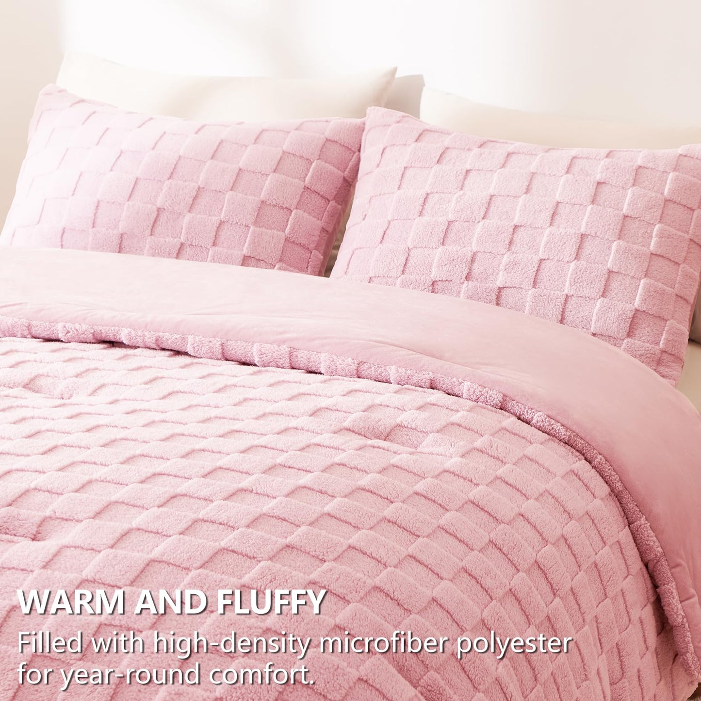 CozyLux Queen Size Comforter Set Blush Pink, Fluffy Plush Fleece Comforter with Checkered Pattern, Farmhouse Boho Soft Warm Bed Set, 3 Pieces, 1 Comforter and 2 Pillowcases