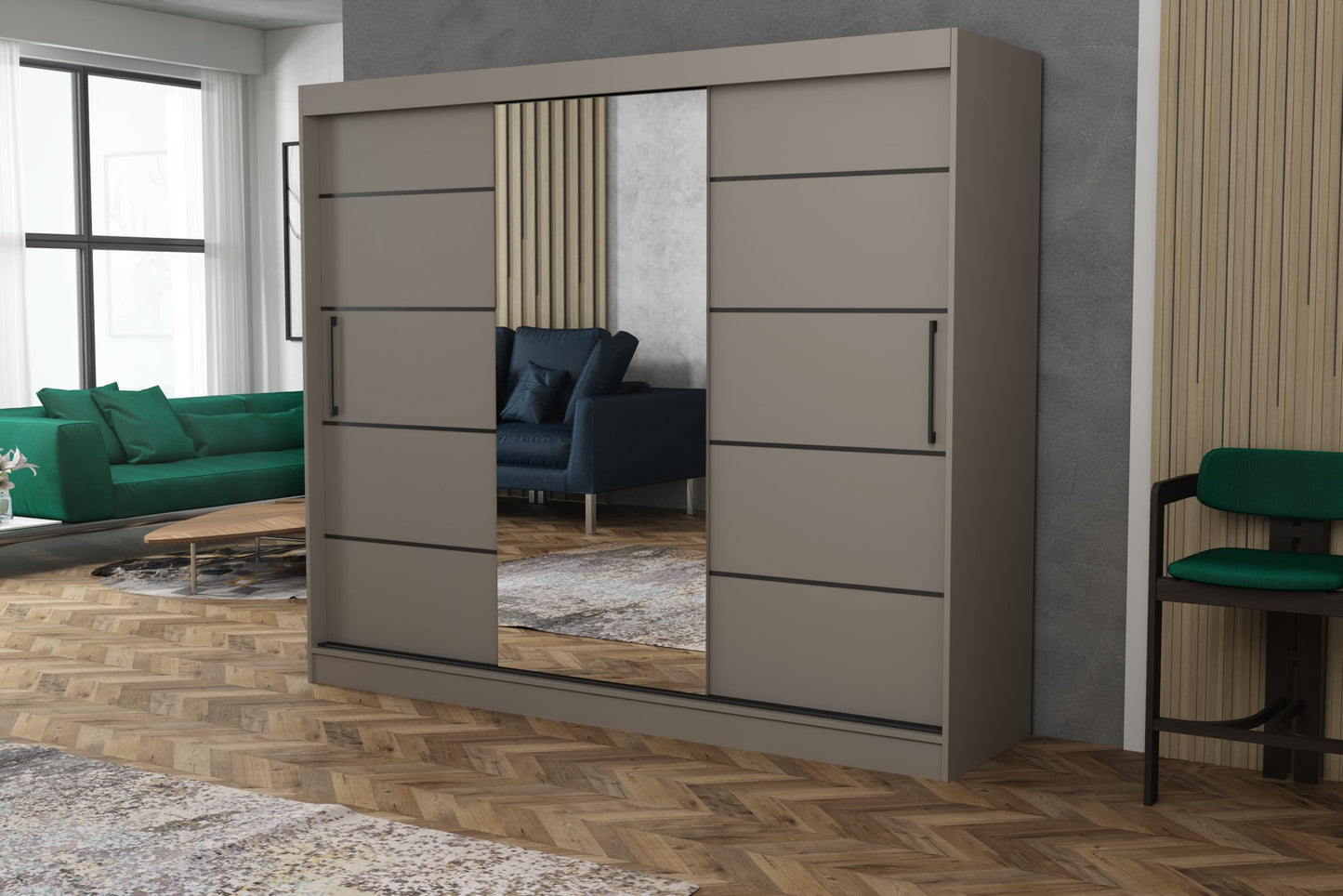 Brent - Kleiderschrank mit Spiegel und Schubladen 235cm Breit Chelsea Tomy, Schwebetürenschrank mit Spiegel, Schlafzimmerschrank, Kleiderschrank Schwarz
