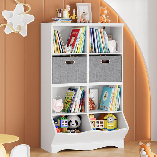 HOCSOK kinderregal, Bücherregal Kinder mit 8 Ablagefächern und 2 Stoffschubladen, Spielzeugregal kinderzimmer für Schlafzimmer Kindergarten, Weiß, 116x67x40cm