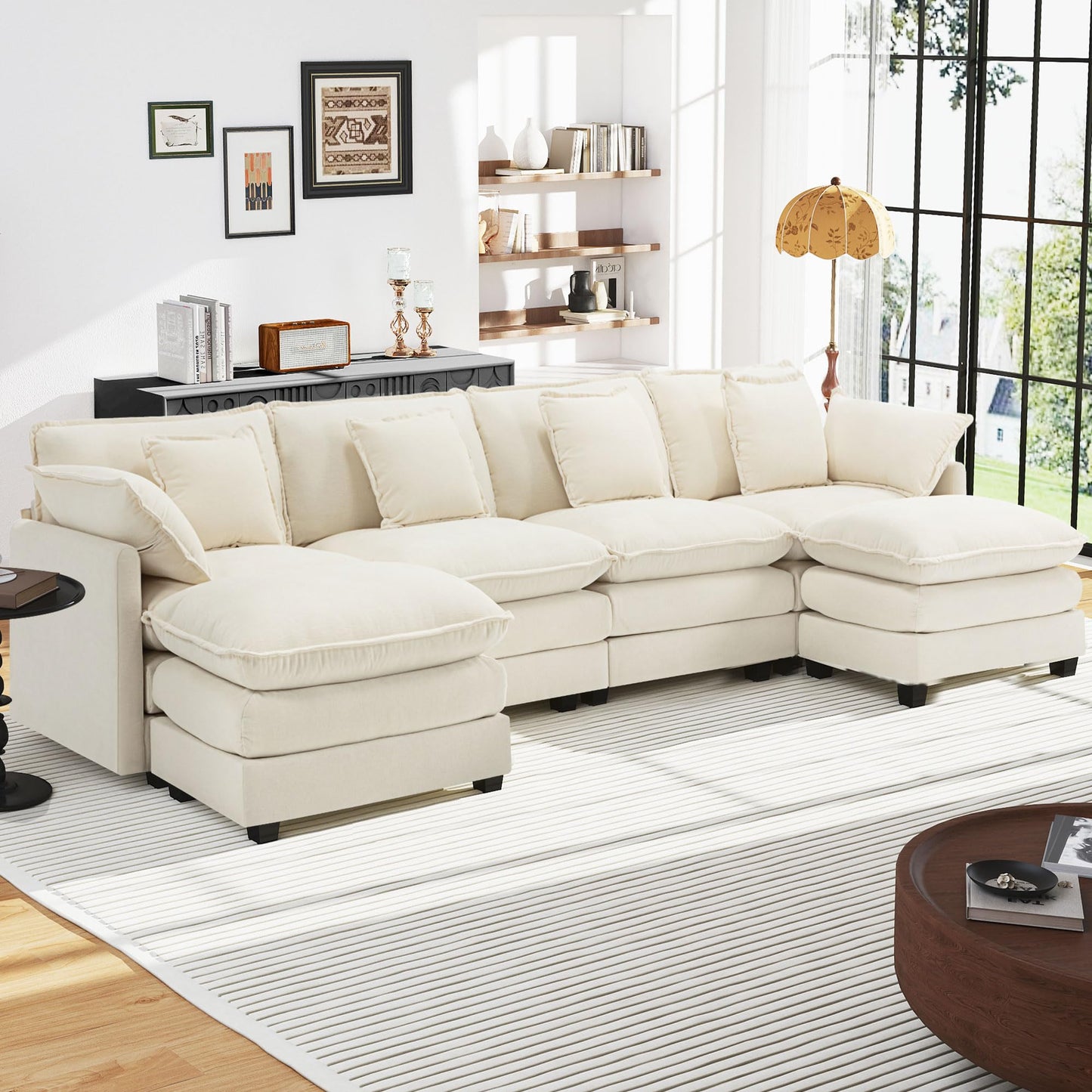 Urhanherry U-Shape Cloud Sofa, Modular Sectional Sofa, 6-Seater with 2 Ottomans, Modern Sofa with Decorative Cushions/Armrests, Breathable Chenille Fabric, U Sofa Couch for Living Room, Beige