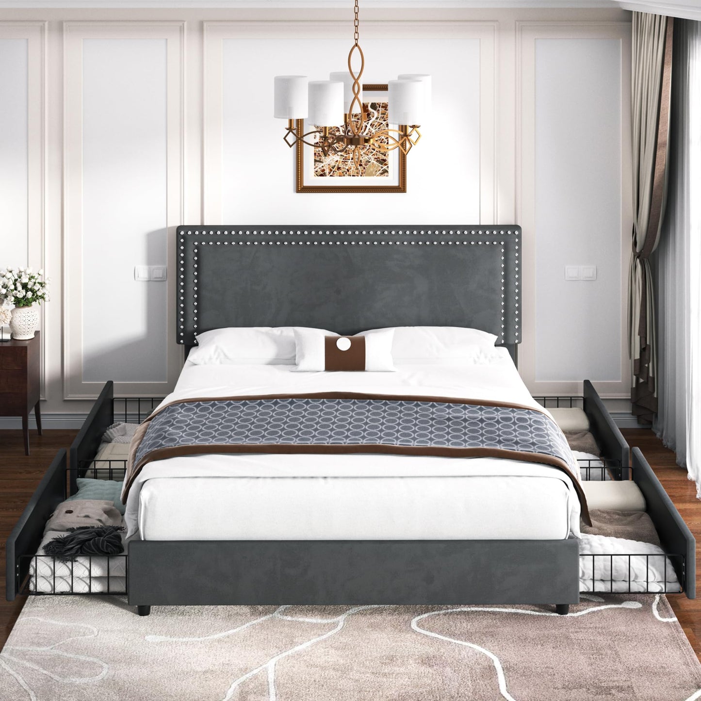 VECELO Upholstered Double Bed 140 x 200 cm with 4 Storage Drawers, Double Bed Frame with Height-Adjustable Headboard and Storage Box, Bed with Storage Space and Slatted Frame, Mattress Not Included