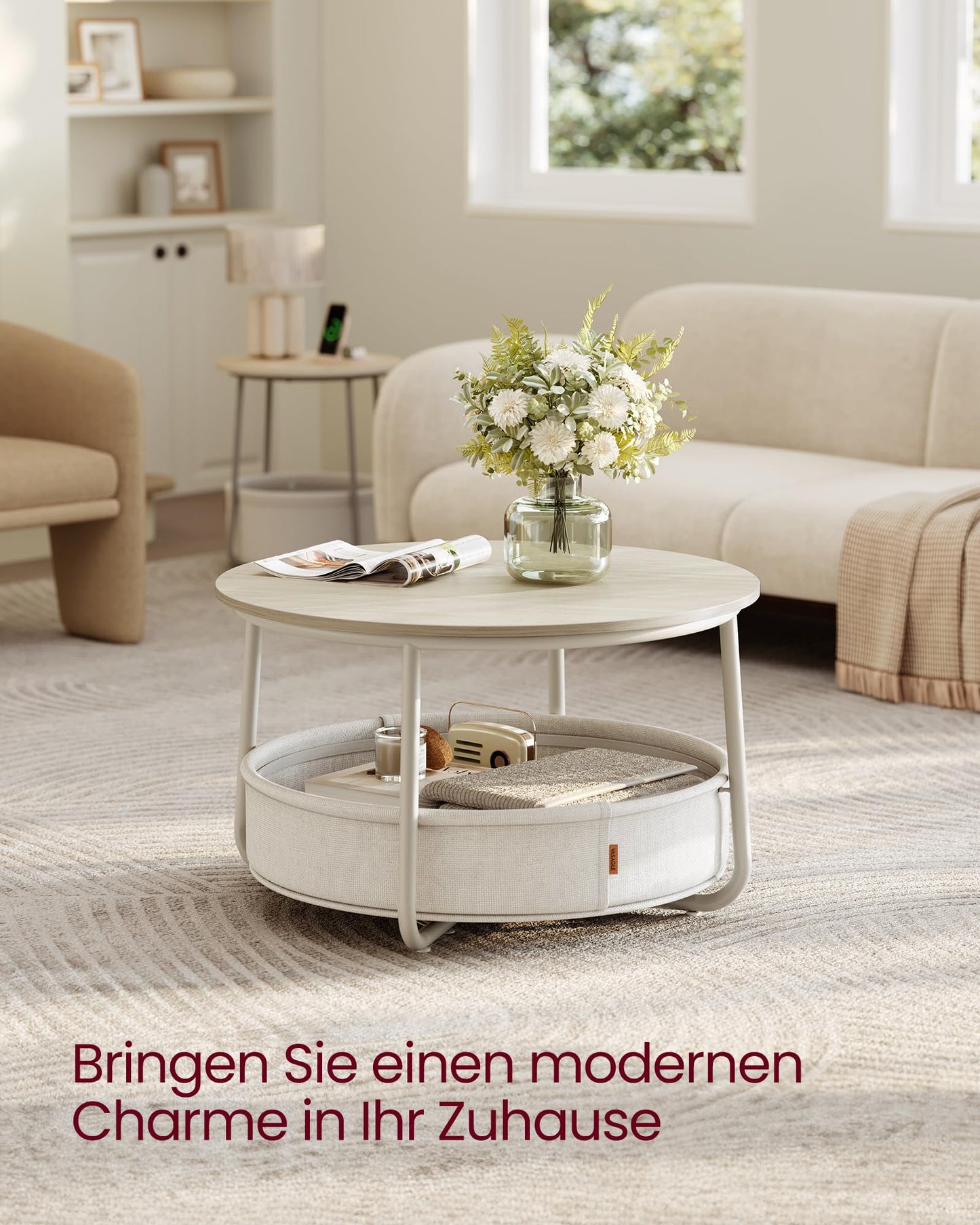 VASAGLE LCT244W10 Round Coffee Table with Storage Space Side Table Living Room Table with Fabric Basket Modern Metal Frame Matt White Camel Brown