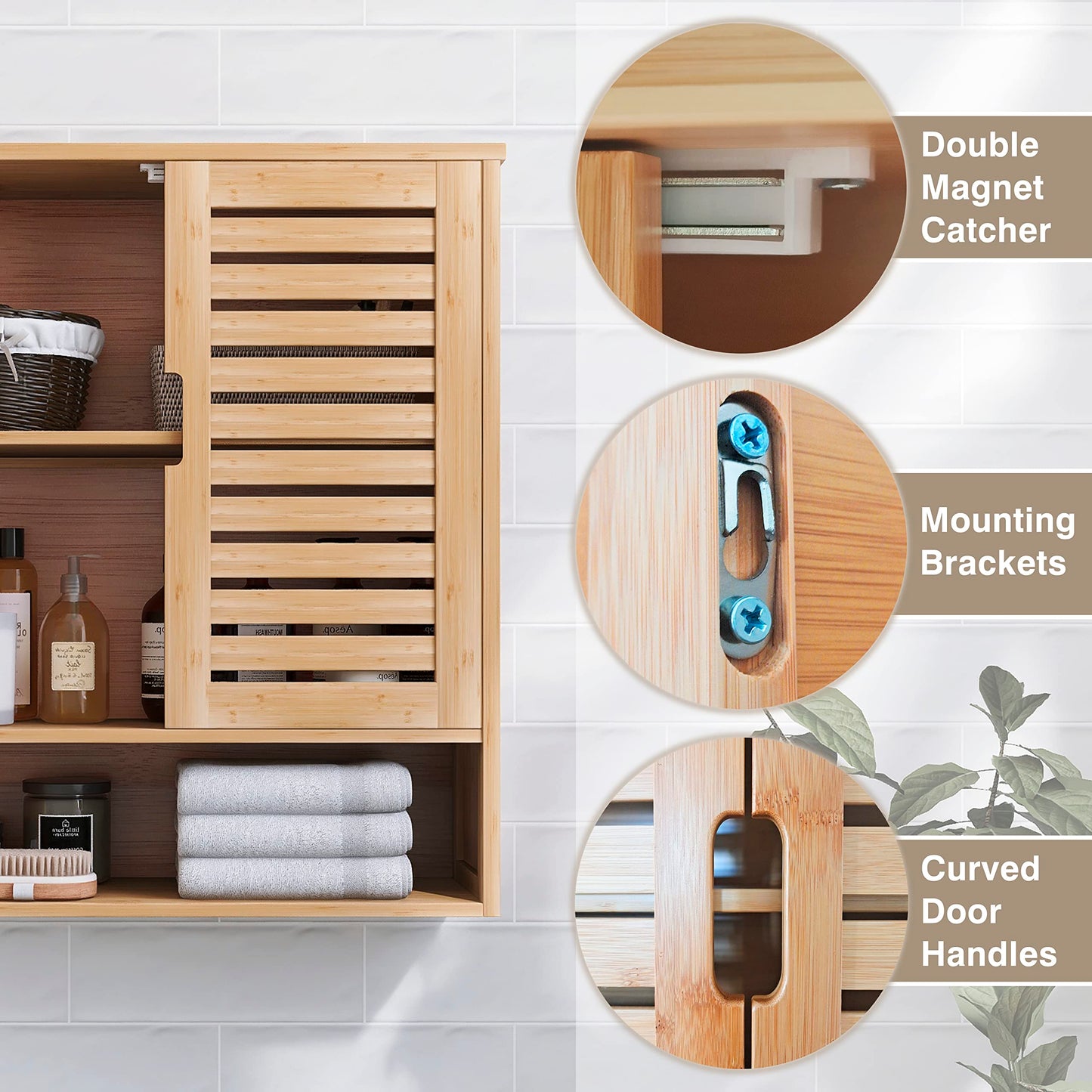 SMIBUY Bathroom Cabinet, Wall Mounted, Bamboo Over the Toilet Storage Organiser, Space Saving Medicine Cabinet with 2 Doors and Adjustable Shelves (Black)