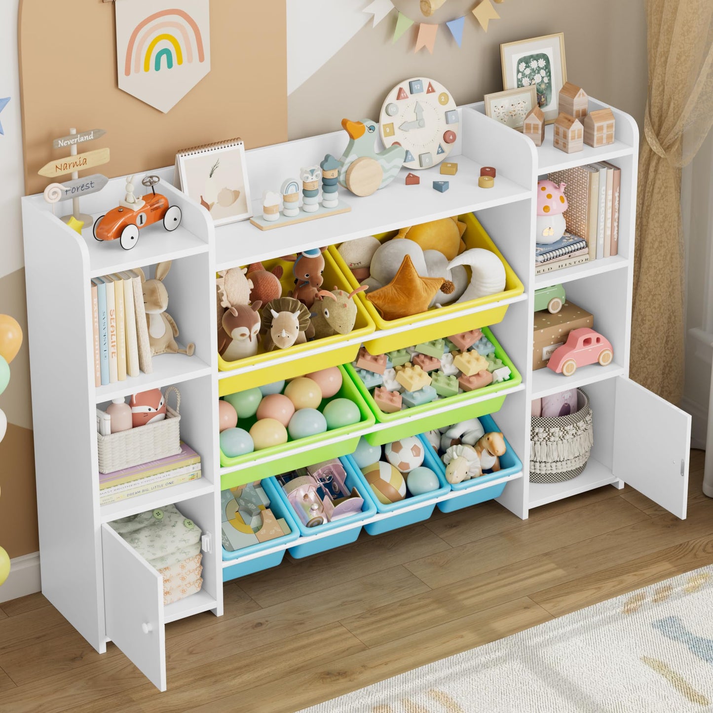 FOREHILL Kinderregal mit 8 Boxen Kinderschrank Holz Bücherregal für Kinder Aufbewahrungsbox Kinderzimmer Möbel mit Spielzeugkiste 138,8 x 94,3 x29,6 cm (rosa)