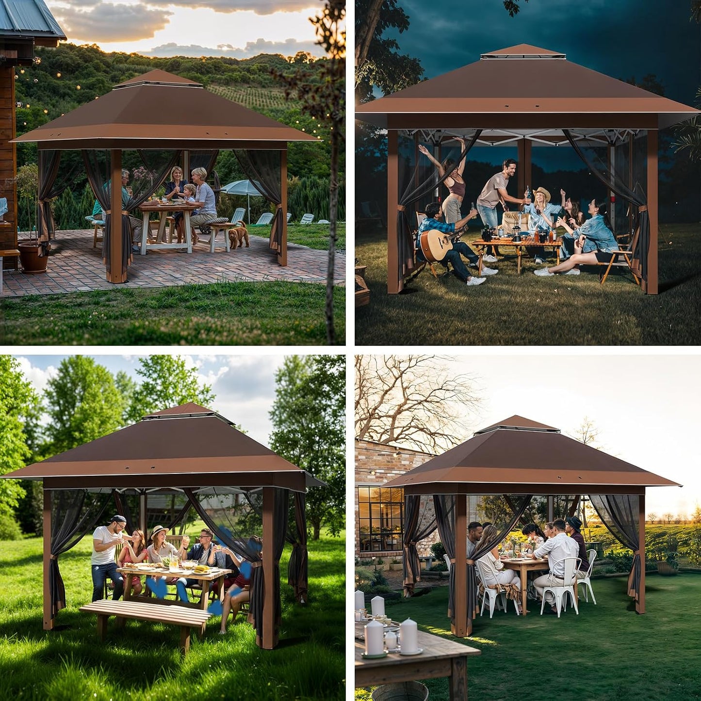 JUMMICO Pop Up Gazebo 3.24 x 3.24 Waterproof Stable Winterproof with 4 Mosquito Net Side Panels Folding Gazebo UV Protection 50+ Double Roof Gazebo for Patio Family Reunions, Brown
