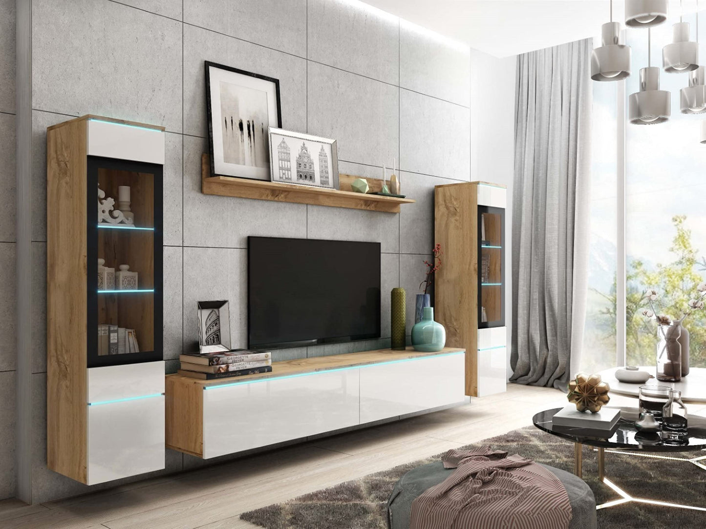 MINIO go for it Veve 2, 4-Piece Wall Unit Set, Hanging or Standing, 2 x Tall Cabinet Display Cabinets, Lowboard, Wall Board, Laminated Clamping Plate, Wotan Oak and Black Gloss, without Lighting