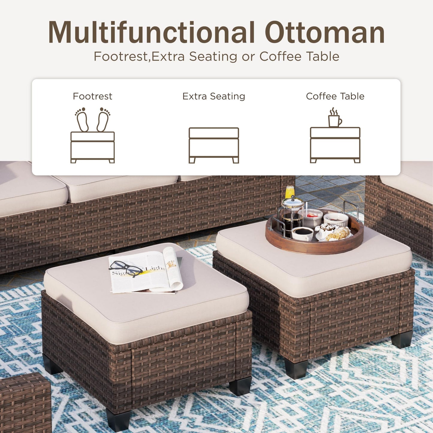 PHI VILLA Garden Furniture Set, Balcony Furniture, 5 Pieces, Rattan Lounge Furniture, Outdoor Garden Lounge Set, 7-Seater, Patio Furniture, Modular Furniture with Reinforced Cushions, Beige