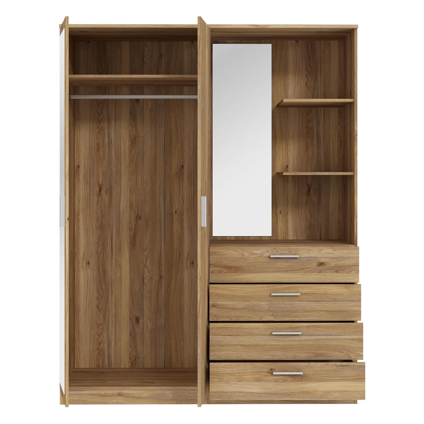 FORTE DEWANIA Kleiderschrank 160, Schrank mit offenen Regalfächern und Spiegel, Holzwerkstoff, Weiß, 159,3 cm breit, 203,4 cm hoch, 52,7 cm tief