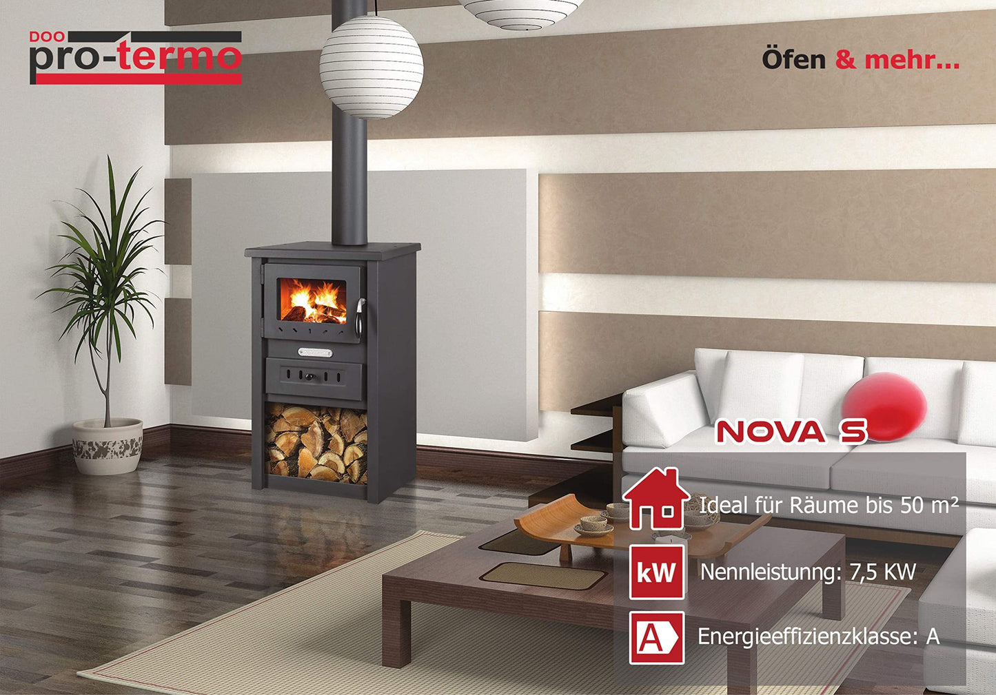 ProTermo Nova S Fireplace Anthracite / Black - 7.5 kW Heating Output - 43 x 46 x 74 cm Wood Stove with Fireclay Stones with Viewing Window - Type 2