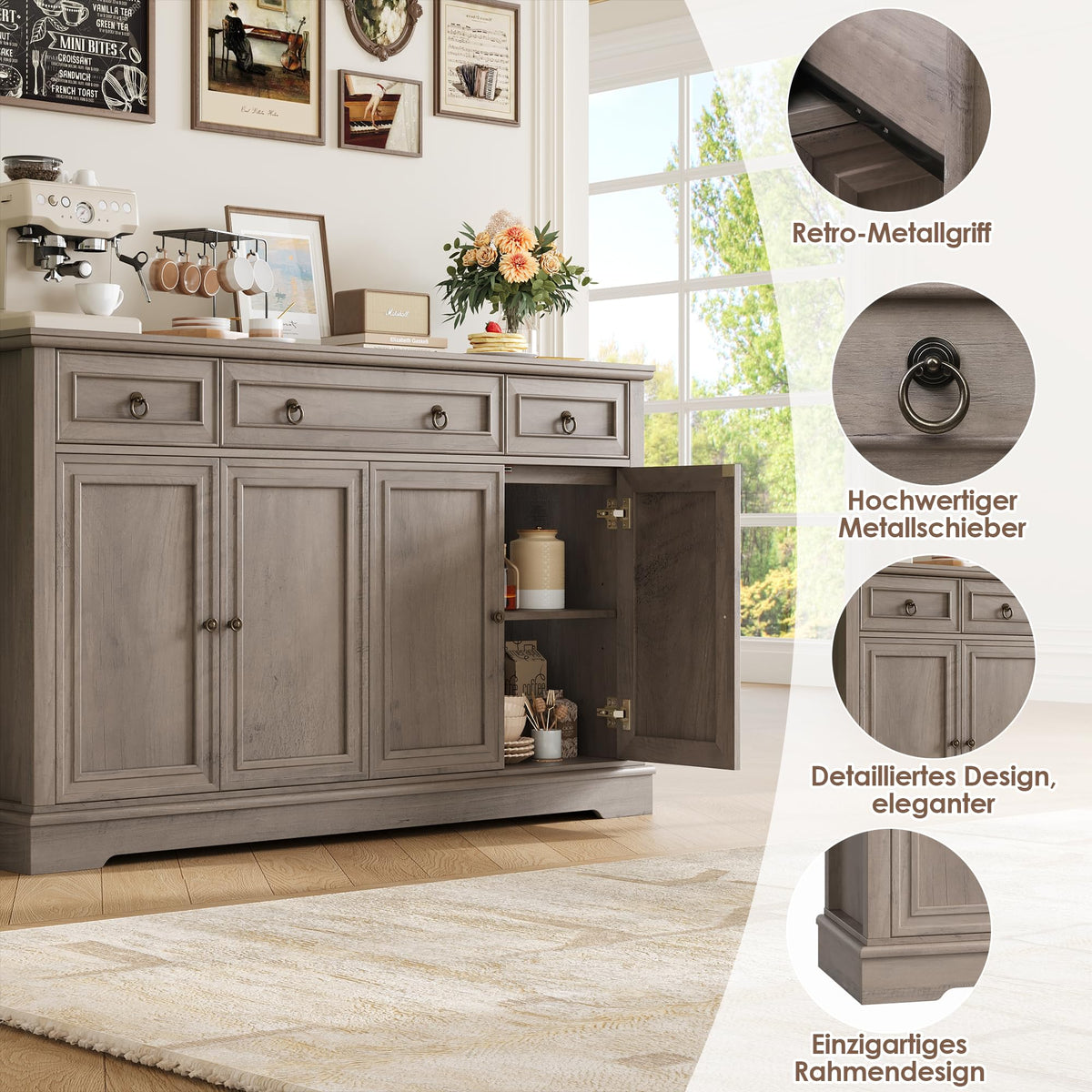 FirFurd Sideboard Kitchen Cabinet with Worktop Buffet Cabinet Sideboard for Kitchen Living Room Cabinet with 3 Drawers and 4 Doors Kitchen Buffet with Adjustable Shelf 134 x 87 x 40 cm White