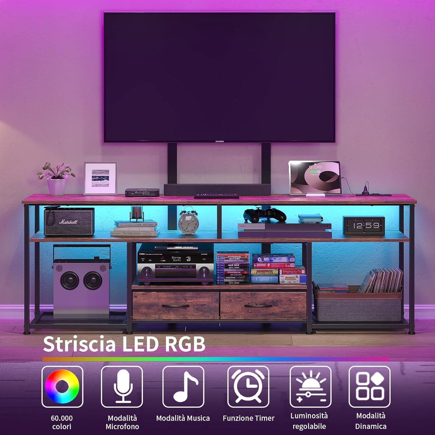 FUSOU TV Cabinet with Bracket and LED Lights, Lowboard for TVs up to 70 Inches, TV Stand with 2 Drawers, 5 Open Compartments, TV Cabinet for Living Room, Vintage Brown/Black