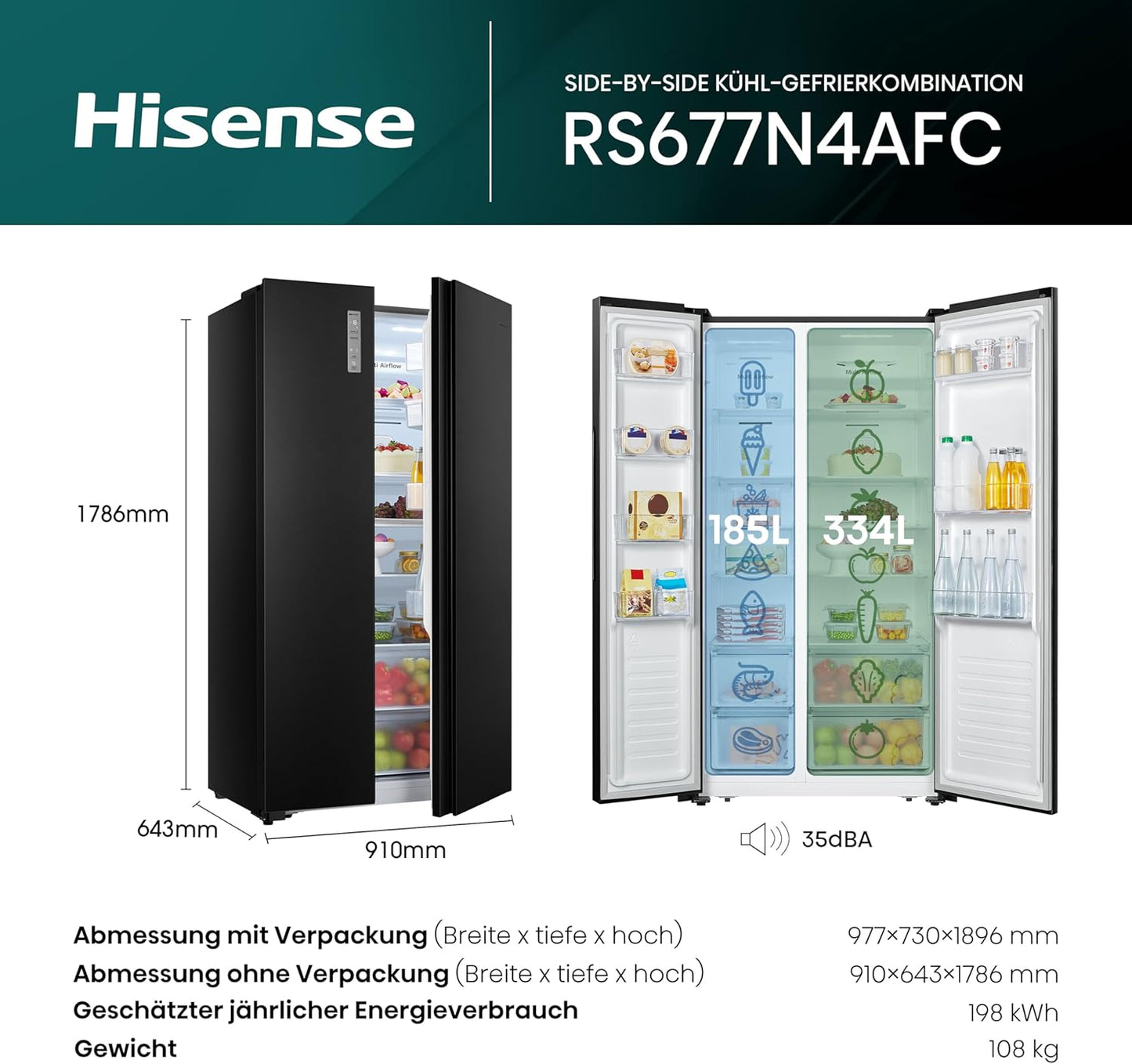 Hisense RS677N4AFC Side by Side Kühl – Gefrier - Kombination,179cm, 519 Liter Gesamtkapazität, EEK: C, LED Beleuchtung, Multi Air Flow, Inverter Kompressor, Touch Display, schwarz