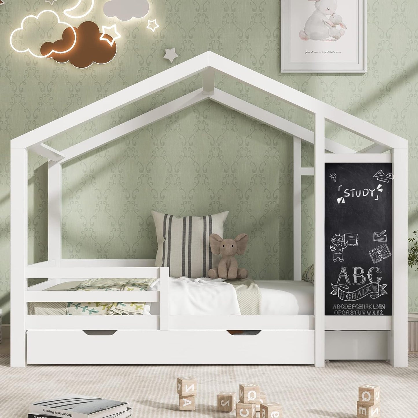 Merax Children's Bed 90 x 200 cm with Fall Protection, Children's House Bed with Drawers and Storage Shelf, Sturdy Wooden Tree House Bed with Slatted Frame, Play Bed for Boys and Girls, White