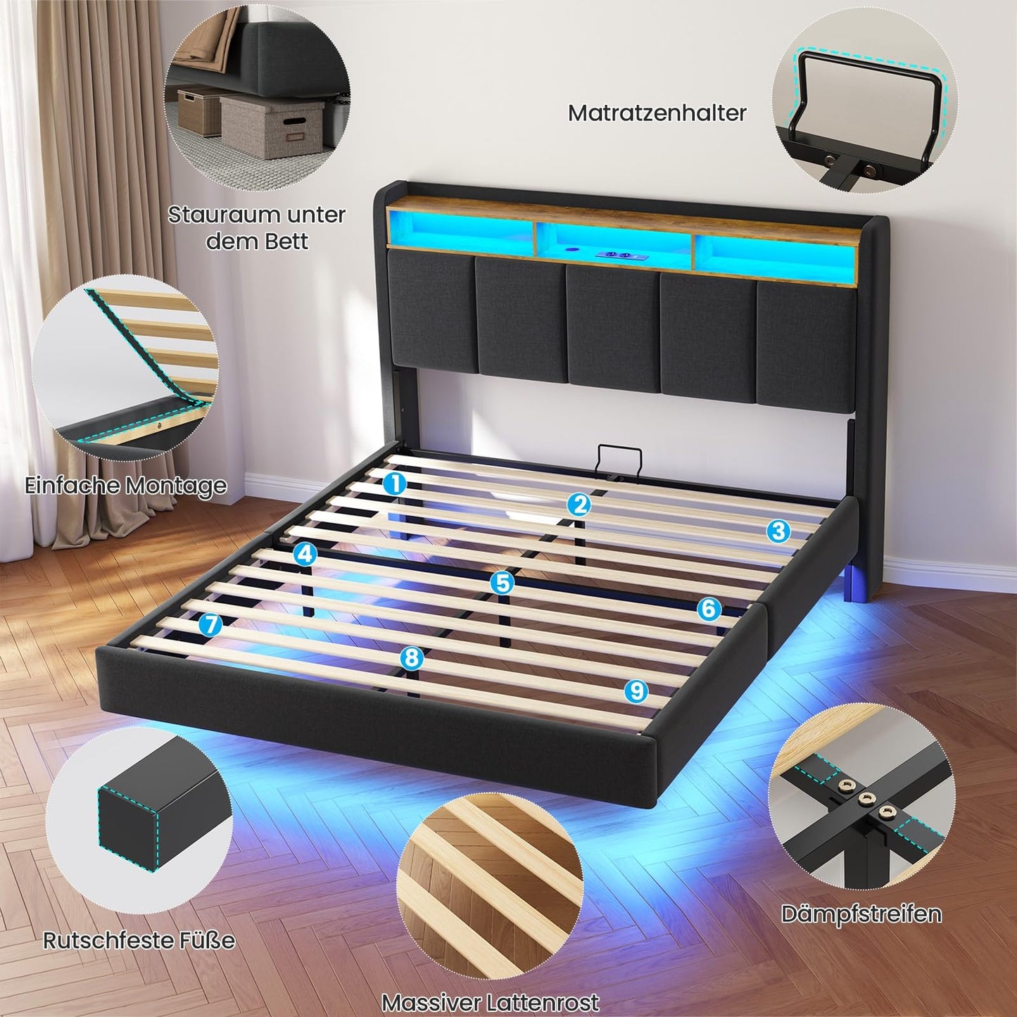 Brinlawb Upholstered Bed 140 x 200 cm Floating Bed with LED Lighting, Headboard and Charging Station (2 AC Sockets, 2 USB Ports), Bed 140 x 200 cm with Storage Space, Modern Double Bed with Slatted