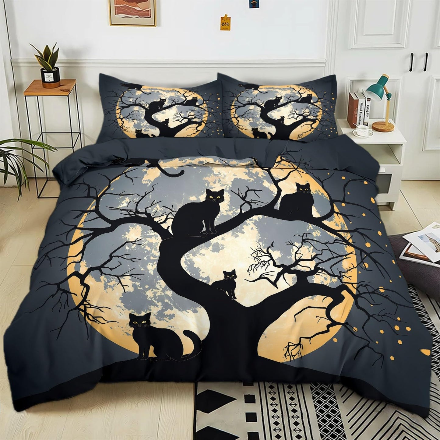 Bed Linen 135 x 200 cm Halloween Moon Black Cat Grey 3D Printed Duvet Cover Easy Care 3-Piece Bedding Set Polyester Cotton with Zip and 2 Pillowcases