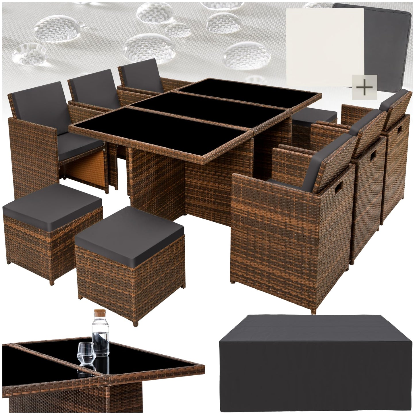 tectake Polyrattan Gartenmöbel Set, Sitzgruppe mit 6 Stühle +1 Glasplatte Tisch + 4 Hocker, Gartenlounge Set klappbar, für bis zu 10 Personen, Balkon Möbel, inkl. 2 Bezugsset - Natur